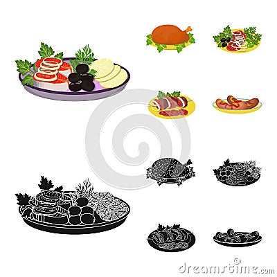 Fried chicken, vegetable salad, shish kebab with vegetables, fried sausages on a plate. Food and Cooking set collection Vector Illustration