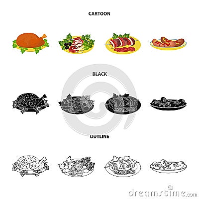 Fried chicken, vegetable salad, shish kebab with vegetables, fried sausages on a plate. Food and Cooking set collection Vector Illustration