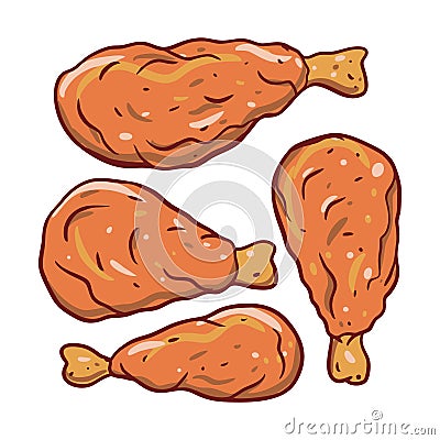 Fried chicken wings. Hand written vector illustration set. Isolated on white background. Vector Illustration