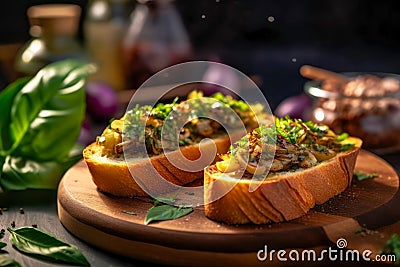 Bruschetta with fried mushrooms, onions and fresh herbs on a wooden board with a basil sprig lying on the background. Stock Photo