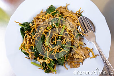 Fried crispy noodles with pork and vegetable Stock Photo