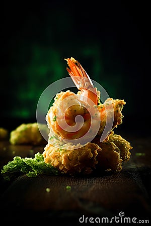 fried crispy shrimp on a wooden table with wasabi on a dark background Stock Photo