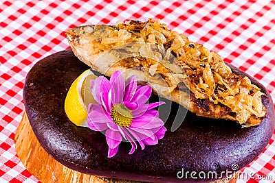 Fried crucian with onion Stock Photo