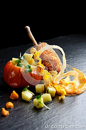 Fried duck foie gras with sweet apples Stock Photo