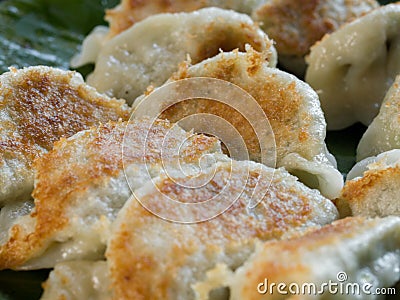 FRIED DUMPLINGS FILLED WITH MINCED CHICKEN AND SPRING ONION Stock Photo