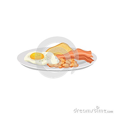 Fried egg and bacon with beans and toast on white plate. Traditional English breakfast. Tasty food. Flat vector for cafe Vector Illustration