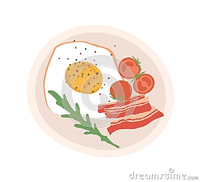 Fried egg, bacon slices, cherry tomatoes and arugula on plate for breakfast or lunch. Traditional British food. Colored Vector Illustration