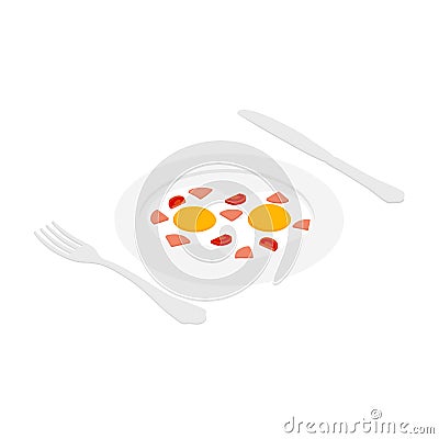 Fried egg with ham, sausage and tomato on plate isometric view. Breakfest. Vector Stock Photo