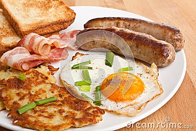 Fried egg, hash browns and bacon breakfast Stock Photo