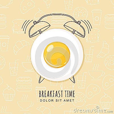 Fried egg and outline alarm clock on seamless background with linear food icons. Vector design for breakfast menu, cafe. Vector Illustration