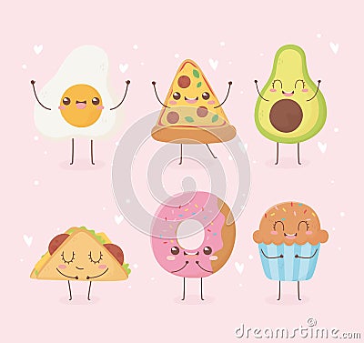 Fried egg pizza avocado donut cupcake taco kawaii food cartoon character design Vector Illustration