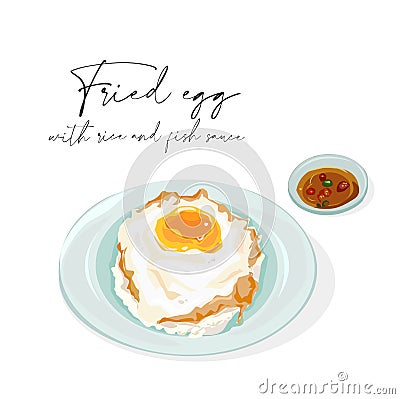 Fried egg with rice and fish sauce traditional Thai food. Vector Illustration