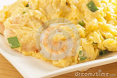 Fried Egg Steam Shrimp Stock Photo