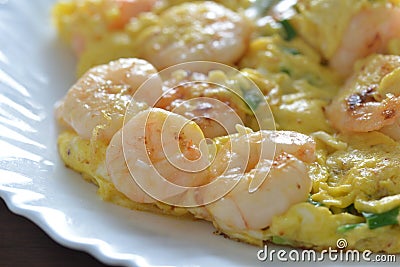 Fried Egg Steam Shrimp Stock Photo