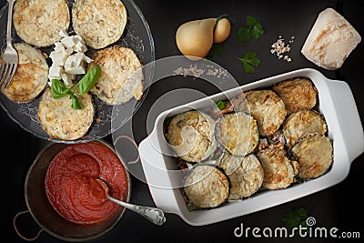 Fried Eggplant In Baking Pan With Parmigiana Stock Photo