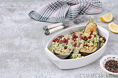 Fried eggplant with couscous Stock Photo