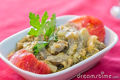 Fried eggplant puree salad appetizer turkish cuisine Stock Photo