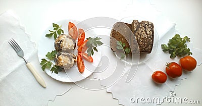 Fried eggplants with tomatoes vegitarian food and bread Stock Photo