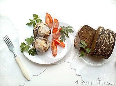 Fried eggplants with tomatoes vegitarian food and bread Stock Photo