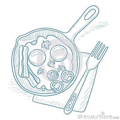 Fried eggs with bacon on frying pan. Vector Illustration