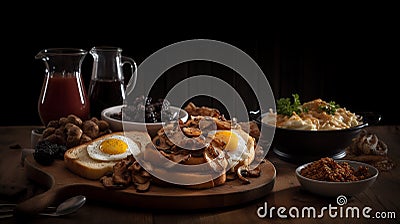 fried eggs, bacon, mushrooms, potatoes and greens on a dark background. ai generative Stock Photo