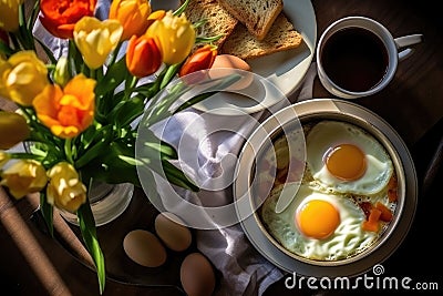 Fried eggs, coffee mug, toast and tulips in a vase on the table top view. Homemade breakfast. Generative ai Stock Photo