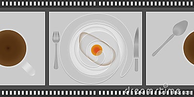 Fried eggs and cup of coffee for breakfast on plate, with fork and knife in a cinema lent. Top view Vector Illustration