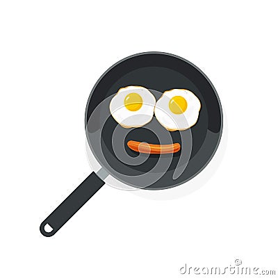 Fried eggs on pan with sausage vector, food smile flat style scrambled egg, omelette, cartoon omelet smiling Vector Illustration