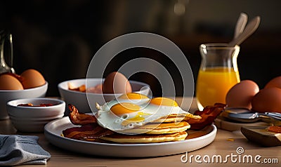 Fried eggs on the pancakes and slices of bacon. Calorific American breakfast concept. Close up. Generative AI Stock Photo