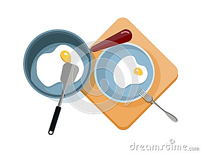Fried eggs. Scrambled eggs in pan and on plate. Isolated breakfast cooking, food preparation process. Kitchen tools top Vector Illustration