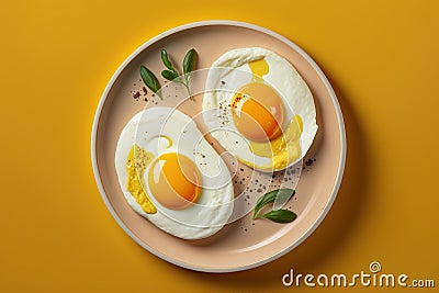 Fried eggs on yellow background, Healthy breakfast. Created Generative Ai Stock Photo