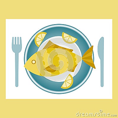 Fried fish and lemon on a plate. Fish dish top view. Yellow fish on blue plate, vector food Vector Illustration