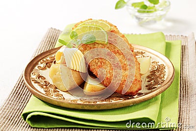 Fried fish with new,potatoes Stock Photo