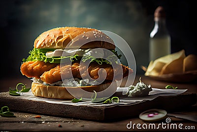 Fried Fish Sandwich On Wooden Table On Dark Bokeh Background - Generative AI Stock Photo