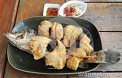 Fried Fish with Fish Sauce Pla Tod Num-pla Stock Photo