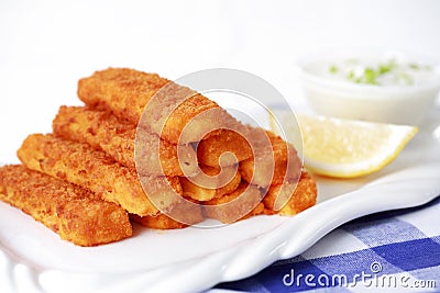 Fried fish sticks with remoulade Stock Photo