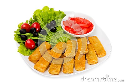 Fried fish sticks with vegetable Stock Photo