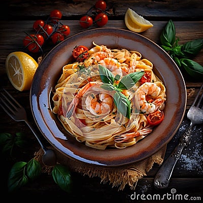 Fried flat noodle and prawn recipe. Top view Stock Photo