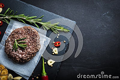 Fried fresh large beef burger top view Stock Photo