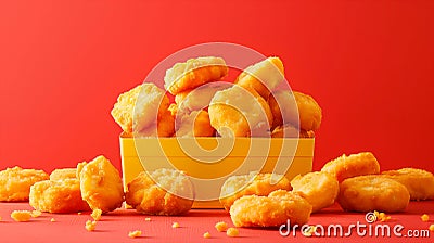 Fried golden squares naggets piled around a bright rectangular container. Generative AI Stock Photo