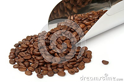 The fried grains of coffee and metal scoop Stock Photo