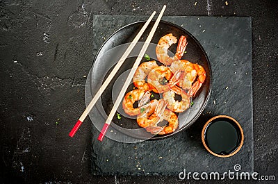 Fried grilled shrimp prawns with soy sauce Stock Photo