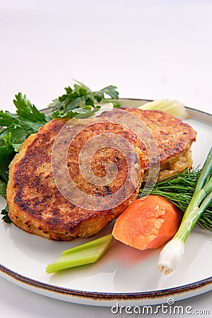 Fried ground beef and potato patties isolated on white Stock Photo