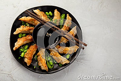 Fried gyoza dumplings with soy sauce and onion on light gray background Stock Photo