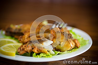 Fried hake fish in batter with lettuce and lemon in a plate Stock Photo