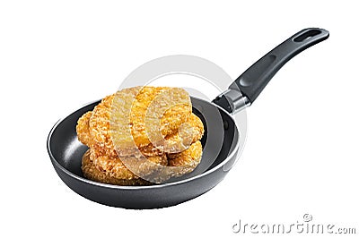 Fried Hash brown potato, hashbrown fritters in a skillet. Isolated, white background. Stock Photo