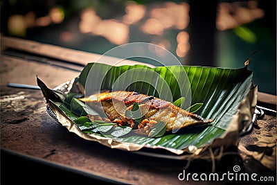 Fried mackerel on banana leaf, thai style food Stock Photo