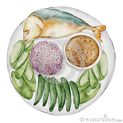 Fried mackerel with shrimp-paste sauce, Thai food watercolor hand paint Stock Photo