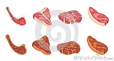 Fried meat. Bbq party icons, lamb, pork or cow steak. Fresh raw meats slices, isolated cartoon food from animal. Cooking Vector Illustration