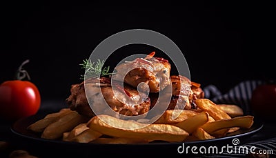 Fried meat, gourmet meal, French fries, grilled pork, unhealthy snack generated by AI Stock Photo